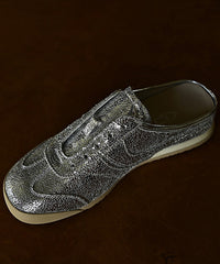 Chic Splicing Wedge Silver Cowhide Leather Slide Sandals