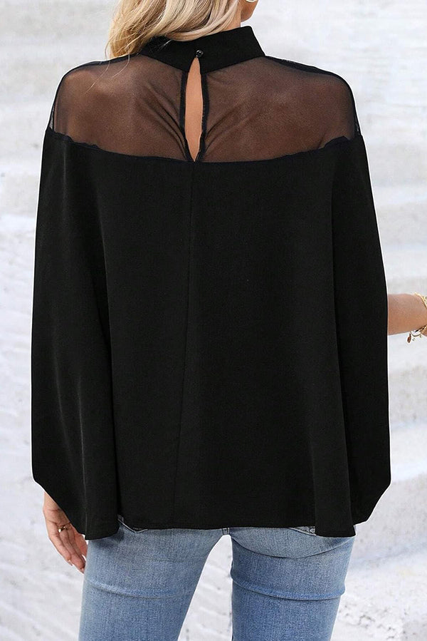 Mesh-paneled Batwing Sleeve High-neck Loose Top