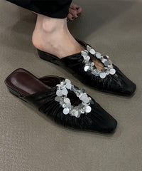 French Black Sequins Wrinkled Splicing Slide Sandals