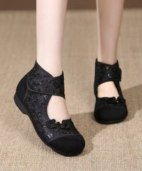 Beige Breathable Mesh Embroidered Buckle Strap Splicing Flat Shoes