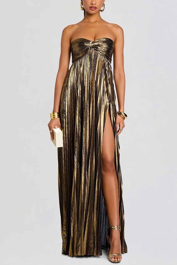 Metallic Tube Top Pleated High Slit Maxi Dress