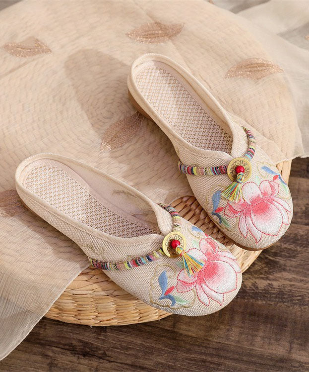 Beige Linen Tassel Embroidery Splicing Flat Slide Sandals