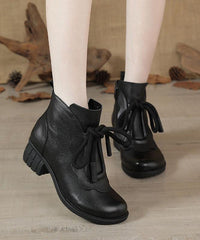 Brown Boots Chunky Cowhide Leather Lace Up Boots