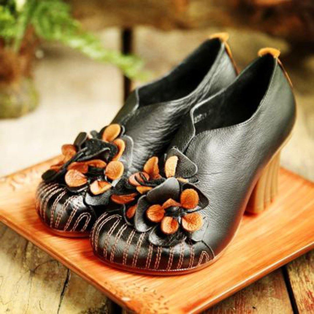 Cozy Flowers Leather Handmade Chunky Heels Comfy Shoes