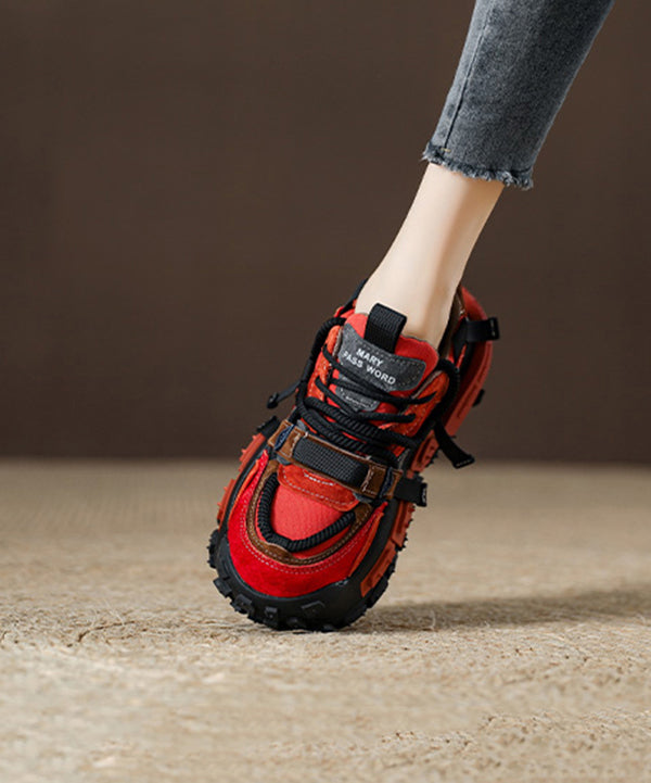 Red Suede Platform Flat Sport Shoes Splicing Lace Up