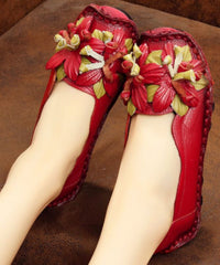 Handmade Cowhide Leather Flat Shoes For Floral Splicing Flat Feet Shoes