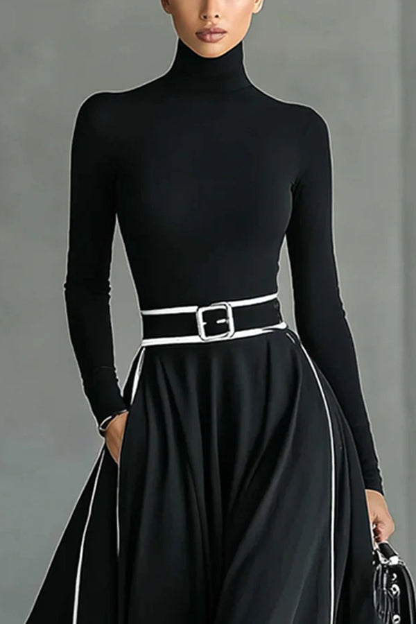 Color-blocked Trim High-neck Long-sleeved Casual Pockets Maxi Dress