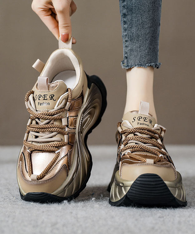 Gold Flat Shoes For Platform Genuine Leather Splicing Cross Strap