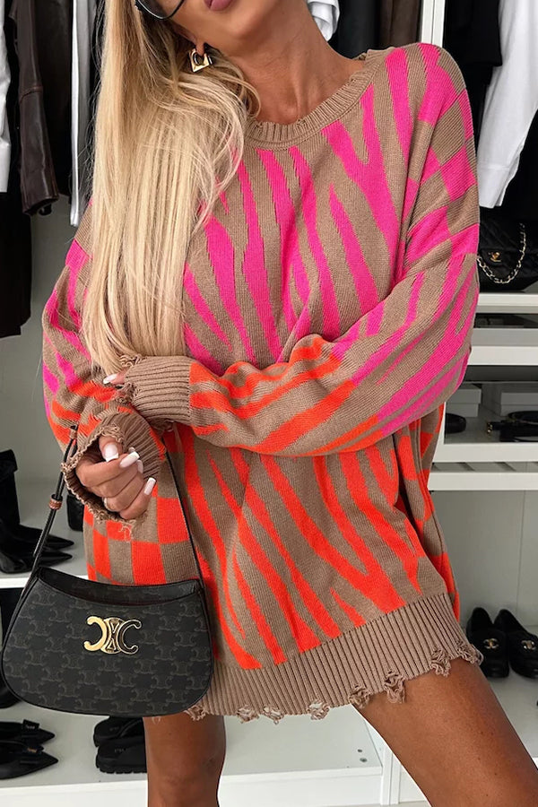 Knit Zebra Geometric Pattern Frayed Hem Loose Sweater