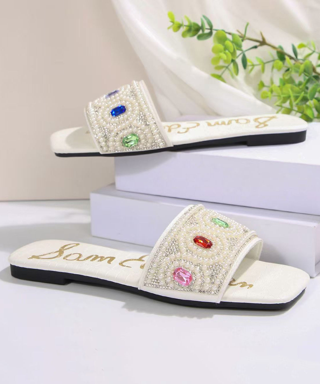 Fashion White Zircon Splicing Slide Sandals Slide Sandals