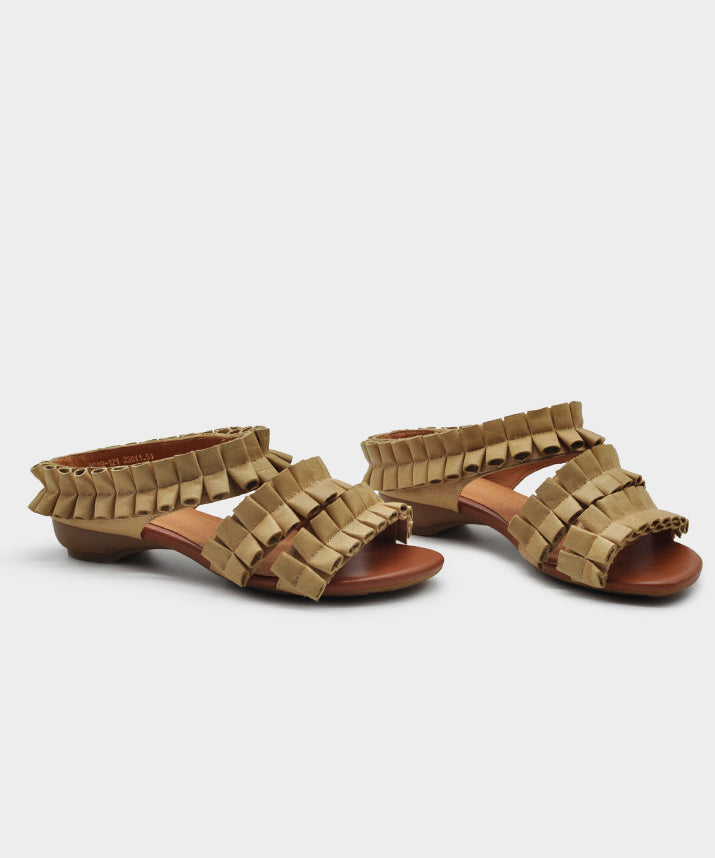 Apricot Cowhide Leather Splicing Slide Sandals Peep Toe