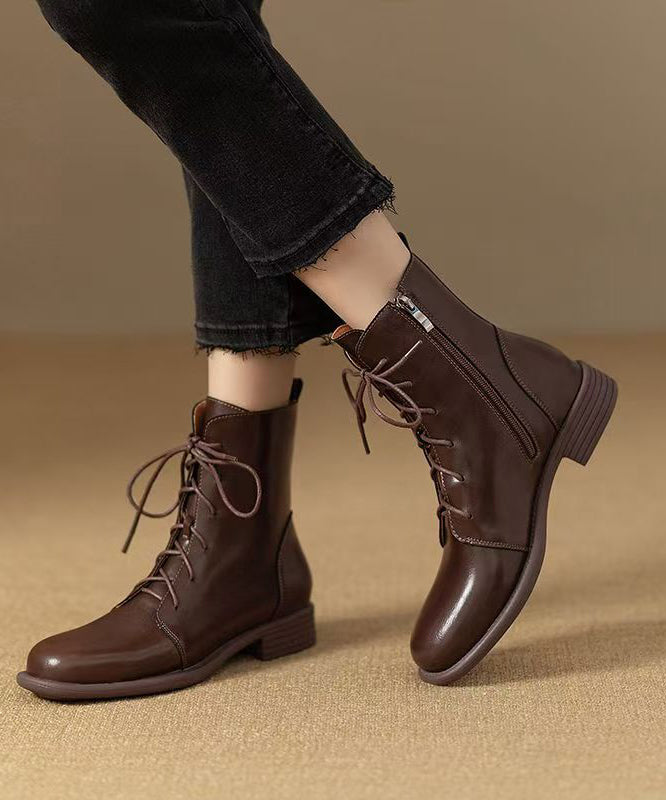 Cowhide Leather Boots Zippered Lace Up Splicing Brown