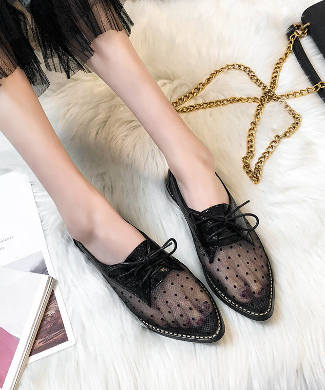 Apricot Splicing Flats Black Tulle Lace Up Pointed Toe