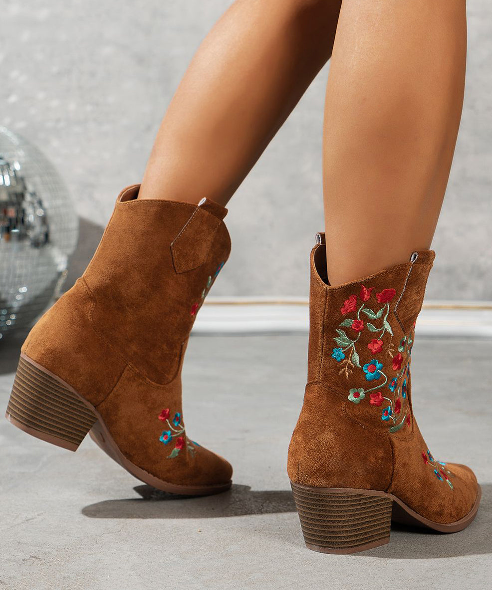 White Embossed Boots Suede Pointed Toe Ankle Boots