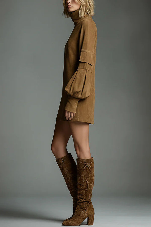 Suede High-Neck Long-Sleeved Casual Pocket Mini Dress