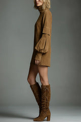Suede High-Neck Long-Sleeved Casual Pocket Mini Dress