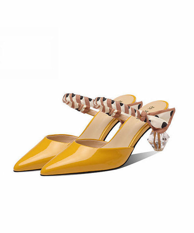 Pointed Toe Chunky Yellow Cowhide Leather High Heel Slippers