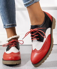 Red Lace Up Splicing Faux Leather Chic Hollow Out Flats Shoes