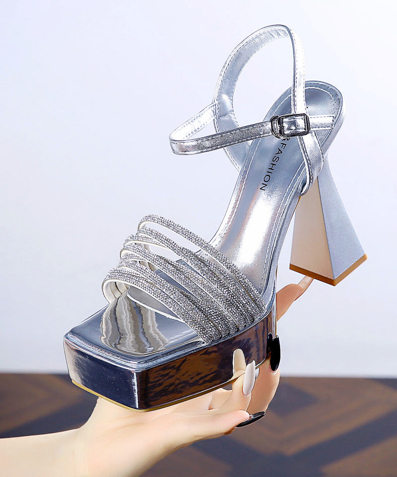 Black Chunky Heels Faux Leather Zircon Splicing Stylish Sandals