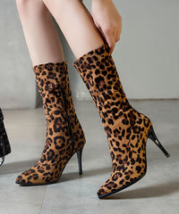 Leopard Print Genuine Leather Velour Fabric Zippered Boots Pointed Toe Boots