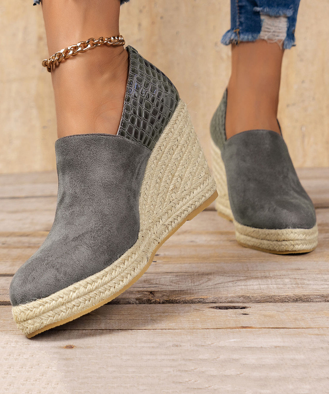 Grey Zippered Crocodile Faux Leather Splicing High Wedge Heels Shoes