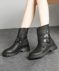 Buckle Strap Zippered Splicing Platform Boots Black Cowhide Leather