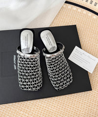 Stylish Hollow Out Splicing Wedge Black Cowhide Leather Slide Sandals