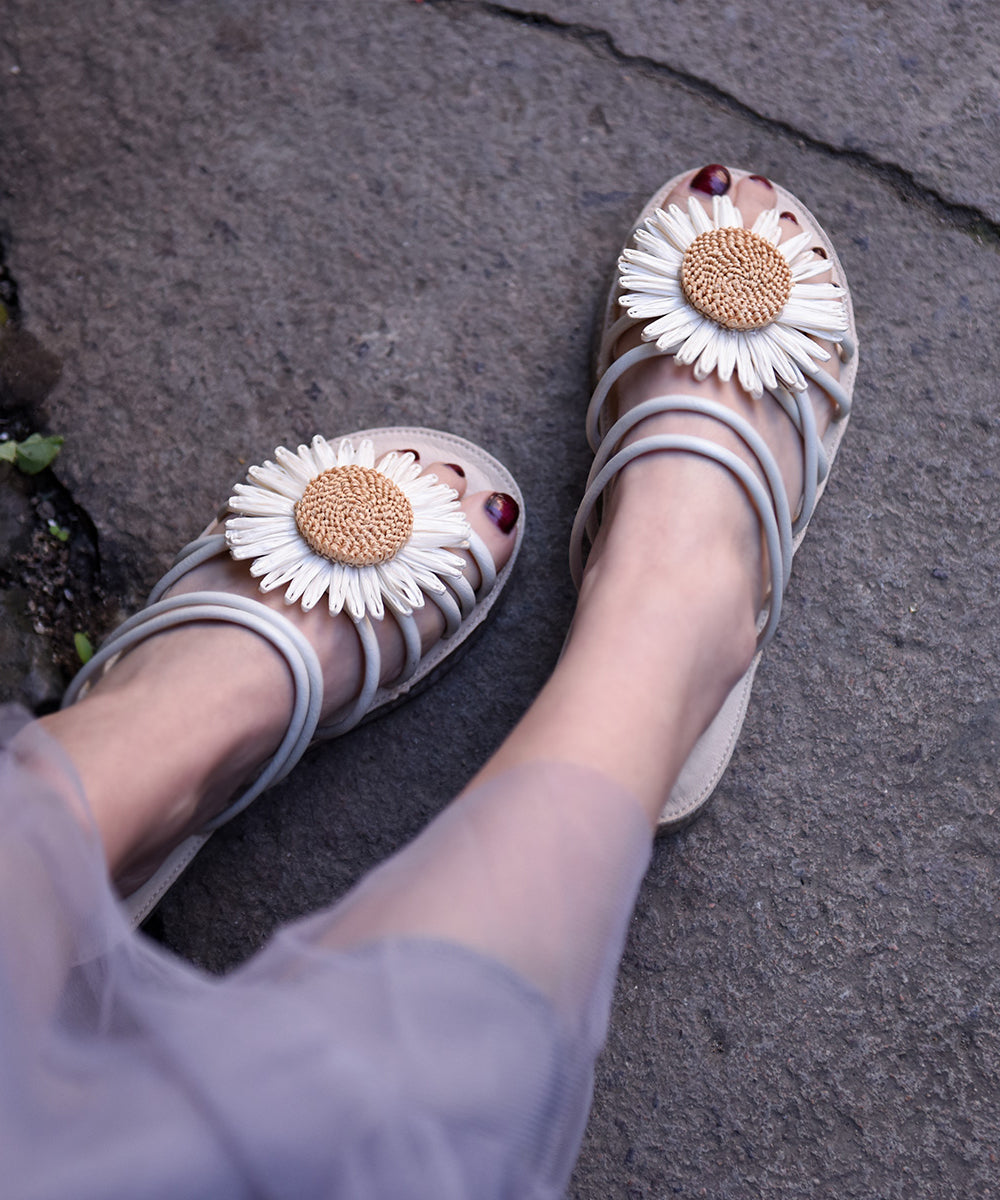 Beige Faux Leather Floral Splicing Slide Sandals