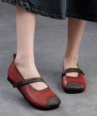 Red Cowhide Leather Splicing Flat Shoes