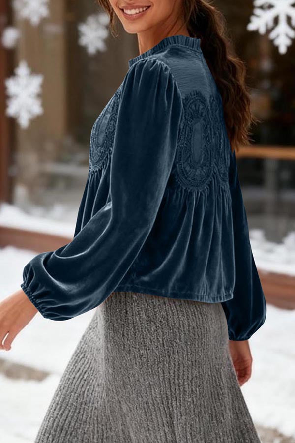 Velvet and Lace Patchwork Loose Long-sleeved Top