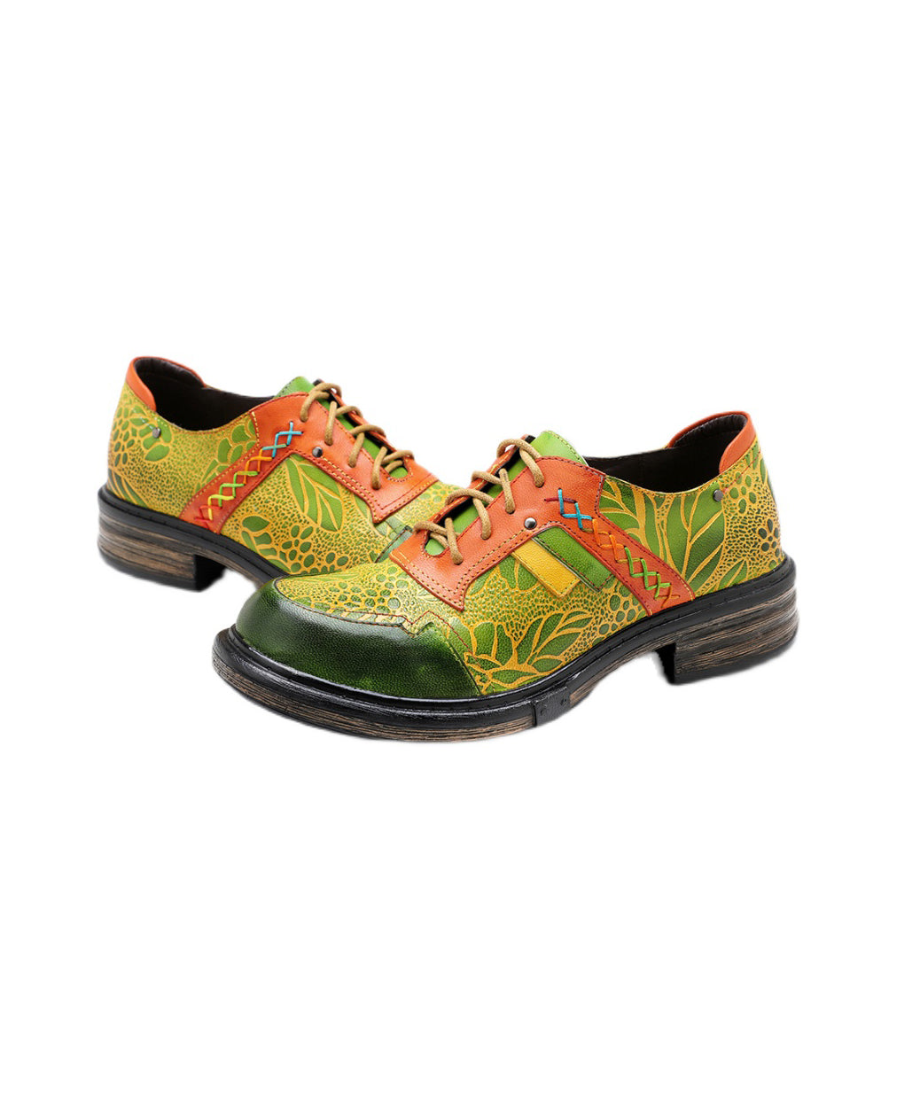 Ethnic Style Retro Colorblock Embossed Lace Up Single Shoe