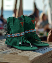 Chic Green Tasseled Zircon Splicing Low Heel Sandals Boots