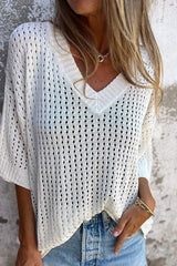 Hollow V-neck Long-sleeved Casual Loose Knitted Top