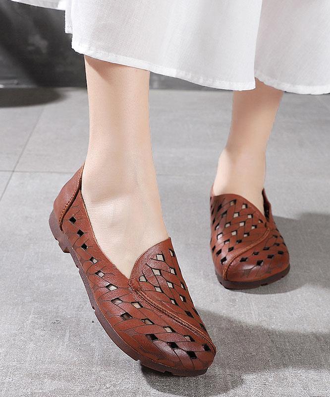 Casual Hollow Out Flat Feet Shoes Khaki Cowhide Leather Embossed Flats Shoes