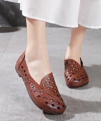 Casual Hollow Out Flat Feet Shoes Khaki Cowhide Leather Embossed Flats Shoes