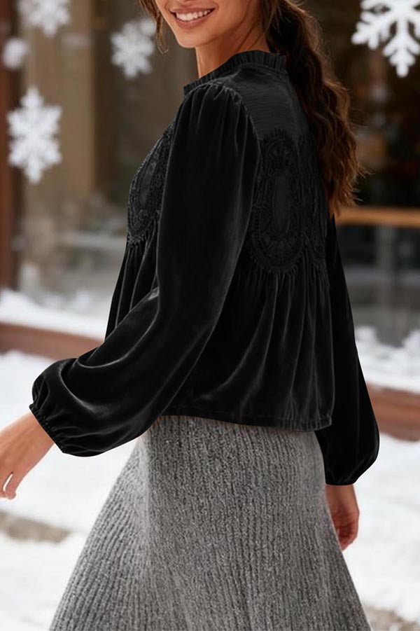 Velvet and Lace Patchwork Loose Long-sleeved Top
