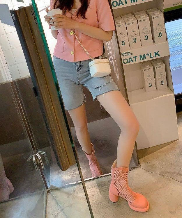 Splicing Chunky Boots Pink Breathable Mesh Hollow Out