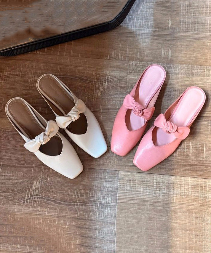 French Pink Bow Splicing Slide Sandals Square Toe