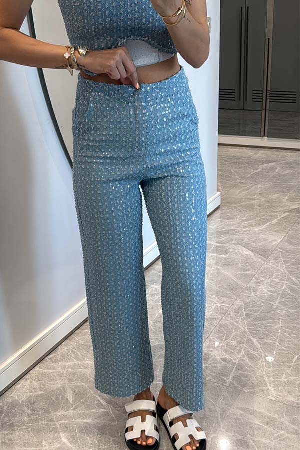 Look Denim Sequin Textured High Rise Pocket Straight Jeans