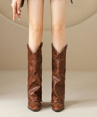 Brown Faux Leather Rivet Splicing Chunky Boots