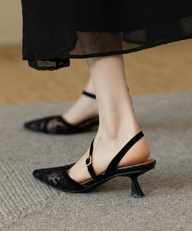 Splicing High Heel Sandals French Black Tulle Pointed Toe