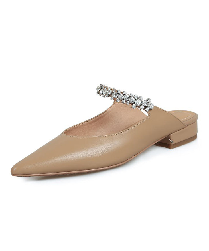 Beige Flat Sandals Faux Leather Pointed Toe Splicing Zircon