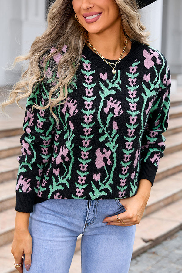 Floral Knitted Crew Neck Casual Sweater