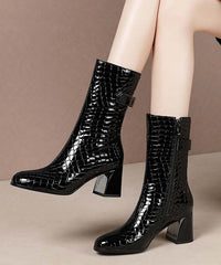 Splicing Chunky Boots Green Cowhide Leather Fuzzy Wool Lined