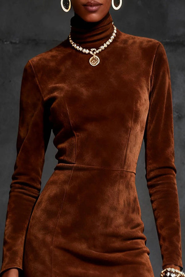 Suede Turtleneck Long-sleeved Slim-fit Tassel Mini Dress