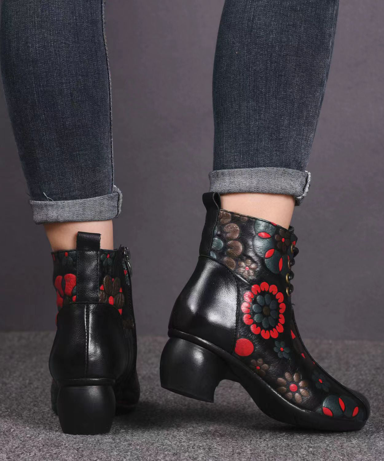 Black Boots Chunky Cowhide Leather Embossed Splicing