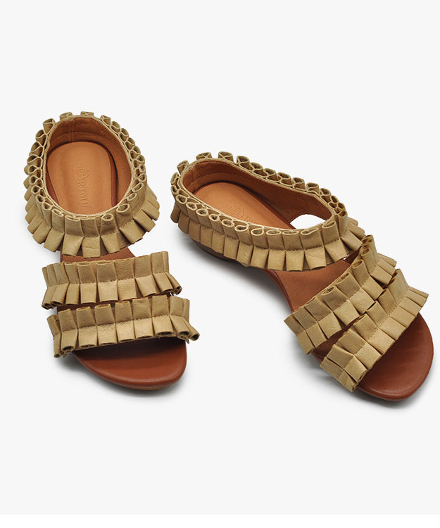 Apricot Cowhide Leather Splicing Slide Sandals Peep Toe