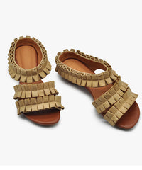 Apricot Cowhide Leather Splicing Slide Sandals Peep Toe