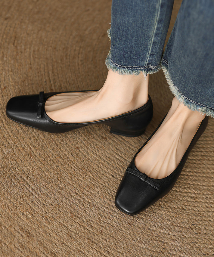 Black Bow Splicing Comfortable Cowhide Leather Flats
