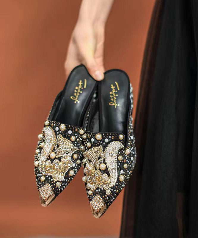 Black Zircon Chunky Heel Pointed Toe Slide Sandals